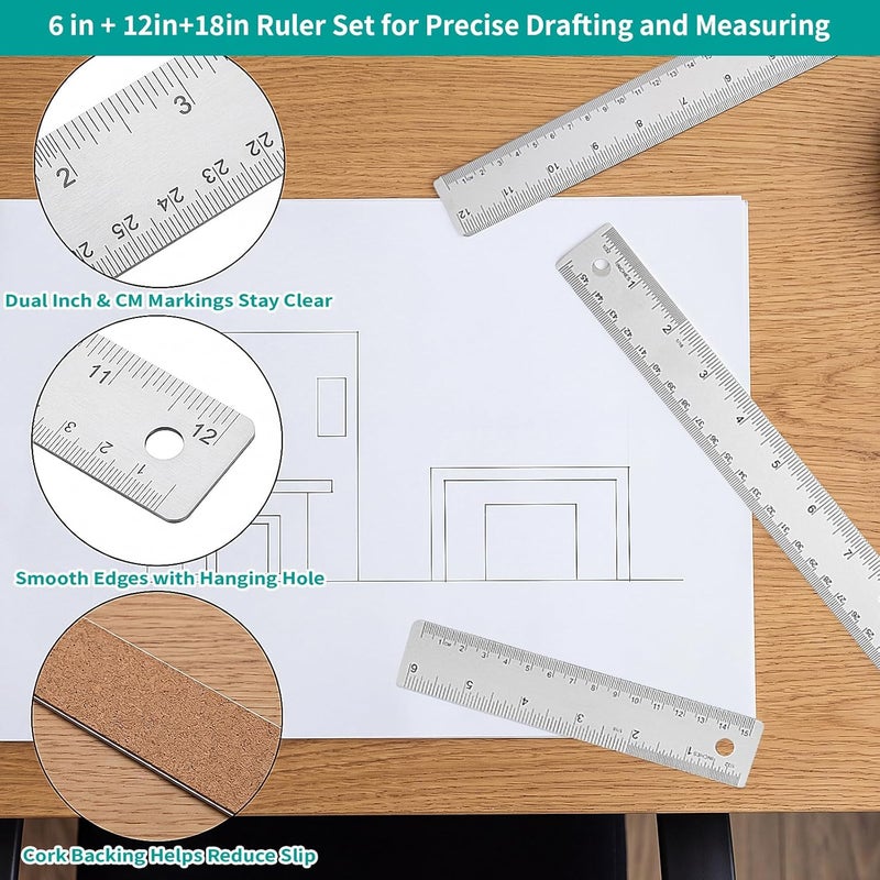 WSICSE 6+12+18 Inch Stainless Steel Metal Ruler with Cork Backing, Non-Slip, Inch and Centimeter Scale - Image 5