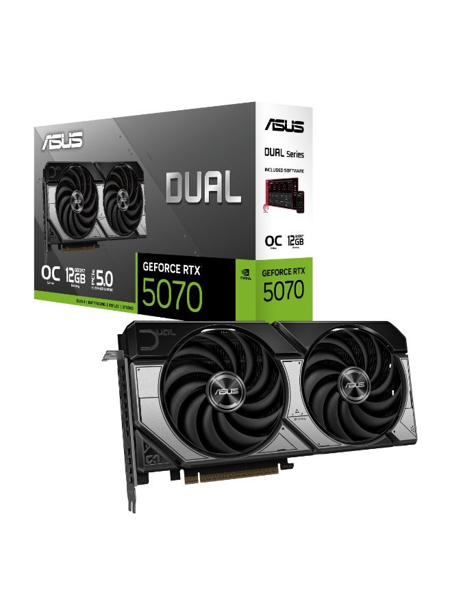 ASUS Dual GeForce RTX 5070 OC Edition 12GB GDDR7 Graphics Card, PCIe 5.0, 6144 CUDA Cores, 2572 MHz Boost Clock, Dual Axial-Tech Fans, HDMI 2.1, DP 2.1 x3, Ray Tracing, DLSS 4, VR Ready, 8K Support, 16-Pin Power Connector, SFF Compatible | 90YV0M17-M0NA00 - Image 1