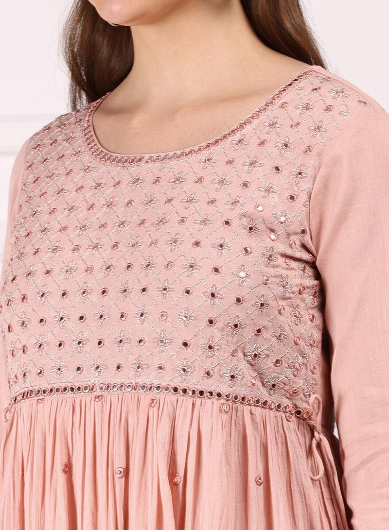 ISHIN Women'S Peach 100% Cotton Self Design Knee Length A-Line Dress - Image 2