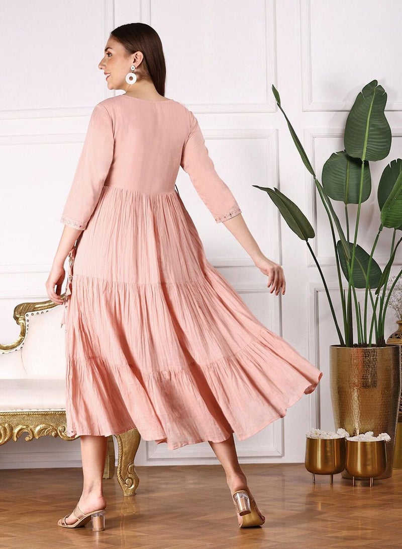 ISHIN Women'S Peach 100% Cotton Self Design Knee Length A-Line Dress - Image 5