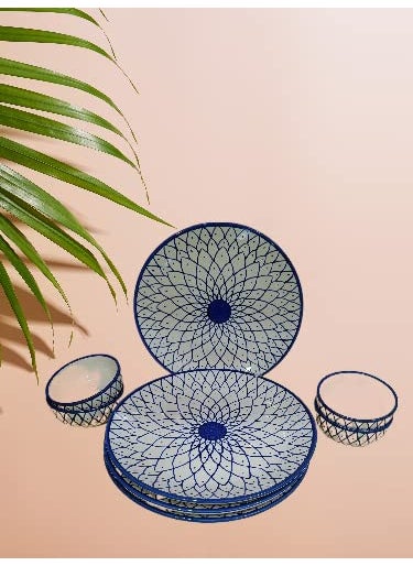Caffeine Caffeine Ceramic Stoneware Handmade Blue Spider Design Combo Dinner Set (Set of 8) 4 pcs Dinner Plate 10" and 4 pcs katori Bowls  - Image 1