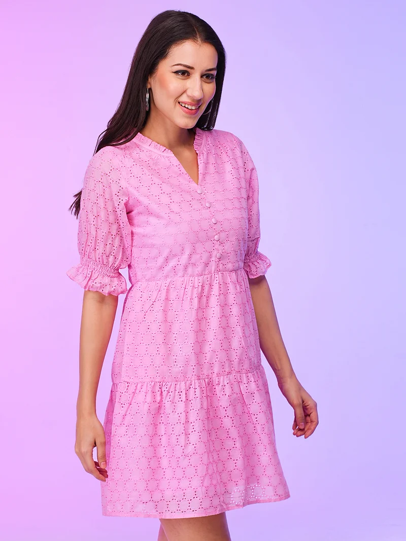 globus Globus Women Pink Schiffli Self Design Puff Sleeves Gathered Tiered Cotton Fit & Flare Dress