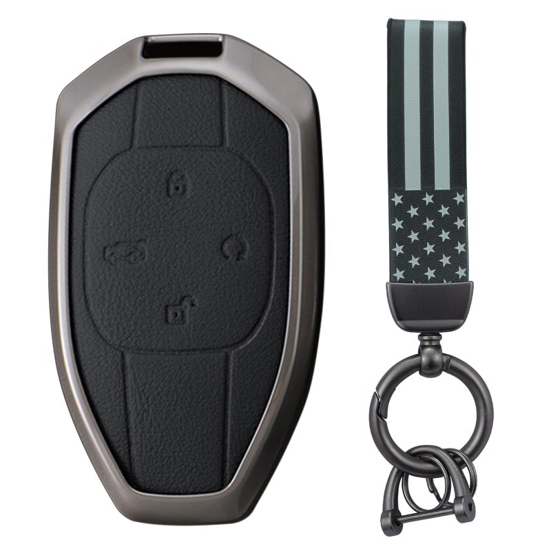 KUNIO Leather Metal Car Key Fob Cover Fit for Trumpchi GAC 2021 Empow J11 J12 GS8 GM6 Key Protective Cover Keychain Key Holder Key Cover 4 Button A Black - Image 1