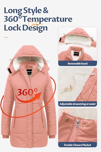 CREATMO US Womens Winter Coats Warm Women Heavy Coat Women's Long Thicken Sherpa Lined Parka Puffer Jacket with Detachable Hood Pink XL - Image 5