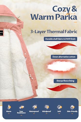 CREATMO US Womens Winter Coats Warm Women Heavy Coat Women's Long Thicken Sherpa Lined Parka Puffer Jacket with Detachable Hood Pink XL - Image 3