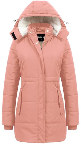 CREATMO US Womens Winter Coats Warm Women Heavy Coat Women's Long Thicken Sherpa Lined Parka Puffer Jacket with Detachable Hood Pink XL - Image 1