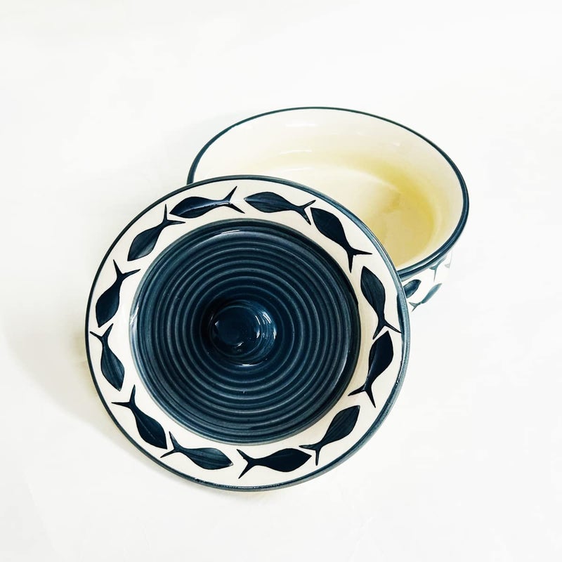 SG Shadowgreen ShadowGreen Ceramic Serving Bowl with lid Dekchi Gravy Bowl Dinner Bowl with lid | Set of 1 - Grey Fish Design | (1000ML Large) - Image 4