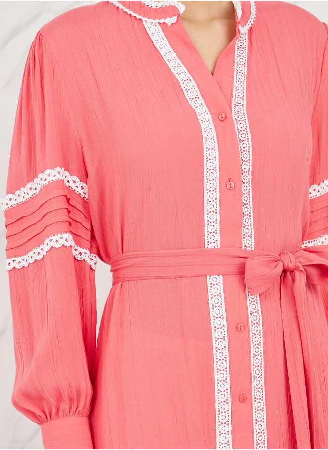 Styli Lace Detail Self Tie Up Shirt Midi Dress