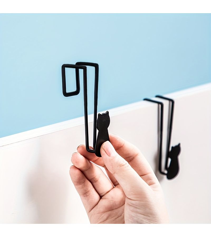 2pcs Cat Shaped Cast Iron Over The Door Hooks For Hats Towels Storage - Image 1