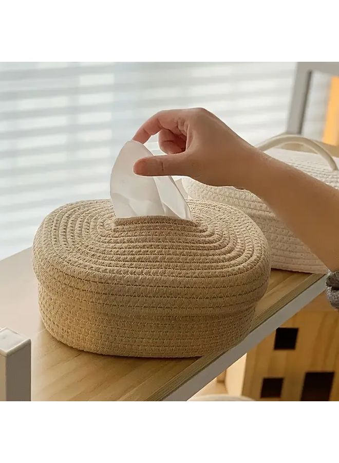 A Handmade Woven Tissue Storage Box Face Towel Storage Box Desktop Organizer White - Image 2