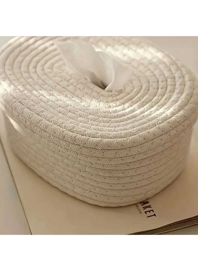 A Handmade Woven Tissue Storage Box Face Towel Storage Box Desktop Organizer White - Image 4
