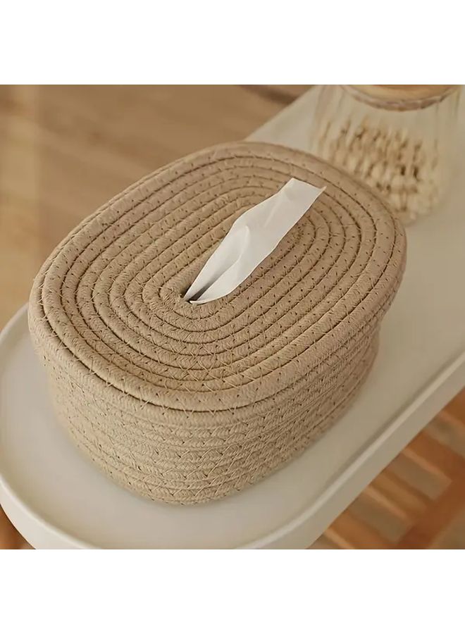 A Handmade Woven Tissue Storage Box Face Towel Storage Box Desktop Organizer White - Image 1