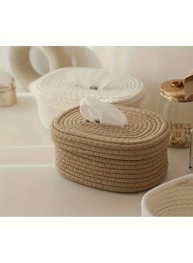 A Handmade Woven Tissue Storage Box Face Towel Storage Box Desktop Organizer White - Image 5