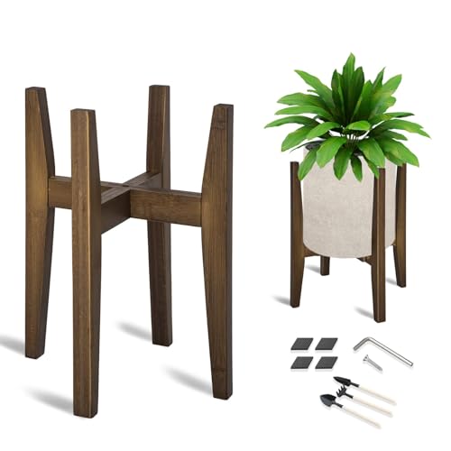 OERGKE Adjustable Plant Stand, Bamboo Mid Century Modern Indoor Plants Stands, Corner Flower Holder for Living Room, Fits 8 to 12 Inches Pots, (Pot & Plant Not Included)(Walnut, 1 Pack) - Image 1
