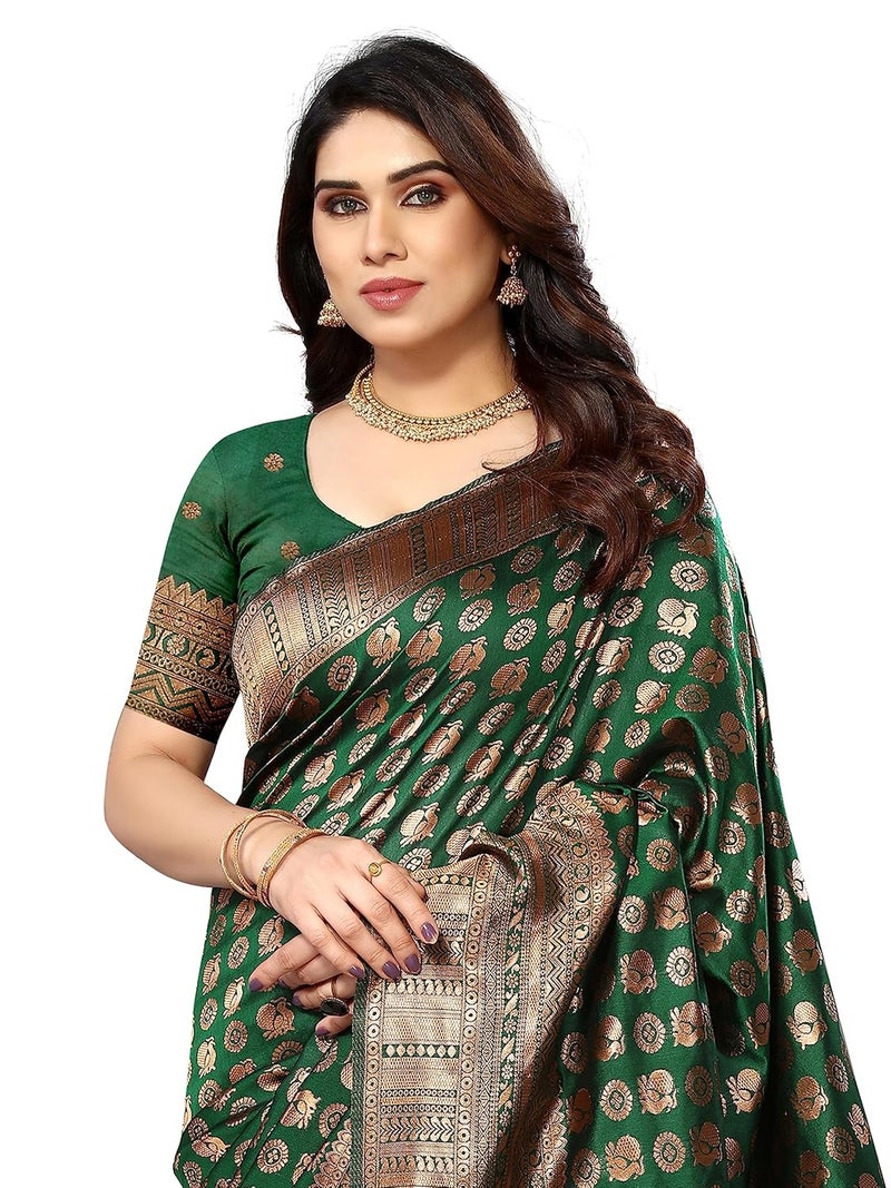 Sidhidata Women's Kanjivaram Banarasi Paithani Jacquard Silk Saree with Unstitched Blouse Piece in Bottle Green - Image 2