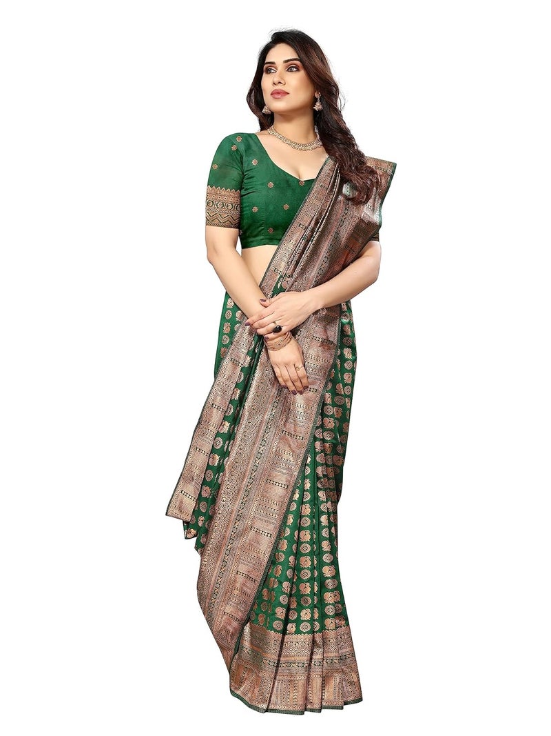 Sidhidata Women's Kanjivaram Banarasi Paithani Jacquard Silk Saree with Unstitched Blouse Piece in Bottle Green - Image 1