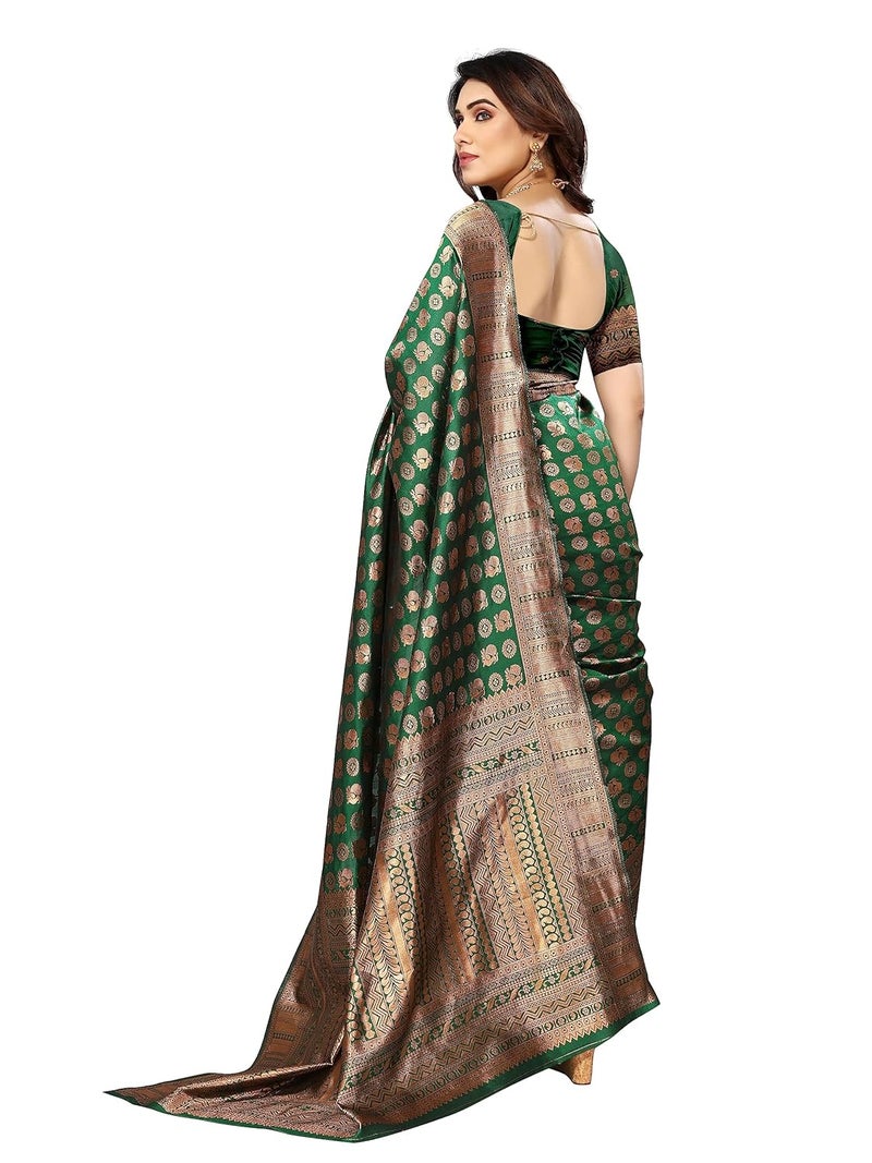 Sidhidata Women's Kanjivaram Banarasi Paithani Jacquard Silk Saree with Unstitched Blouse Piece in Bottle Green - Image 4