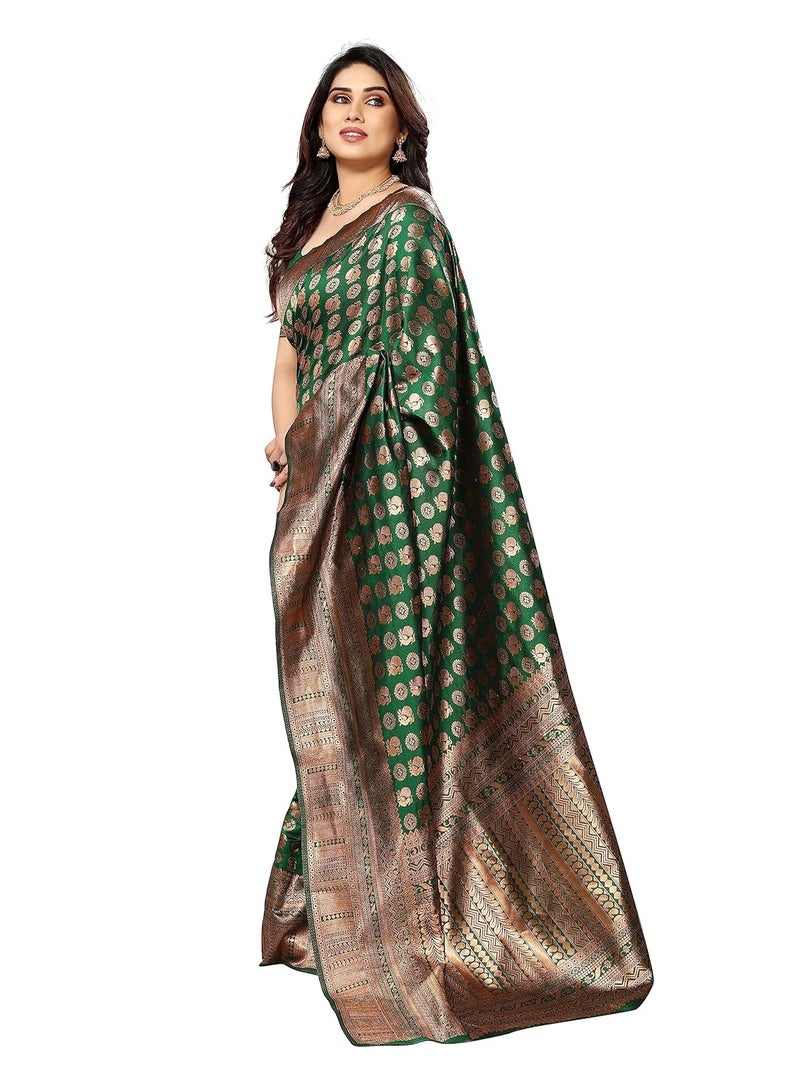 Sidhidata Women's Kanjivaram Banarasi Paithani Jacquard Silk Saree with Unstitched Blouse Piece in Bottle Green - Image 5