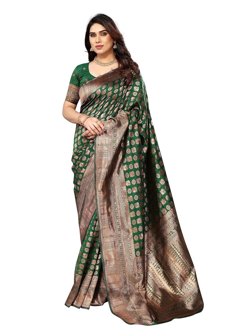 Sidhidata Women's Kanjivaram Banarasi Paithani Jacquard Silk Saree with Unstitched Blouse Piece in Bottle Green - Image 3