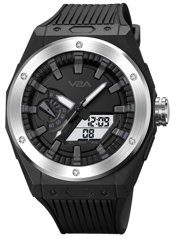 V2A Mens Watch Dual-Display Alloy Screw Bazel 50m Waterproof Watch Fashion Multifunctional Sports Watches for Men | Gift for Men (Black-Silver) - Image 1