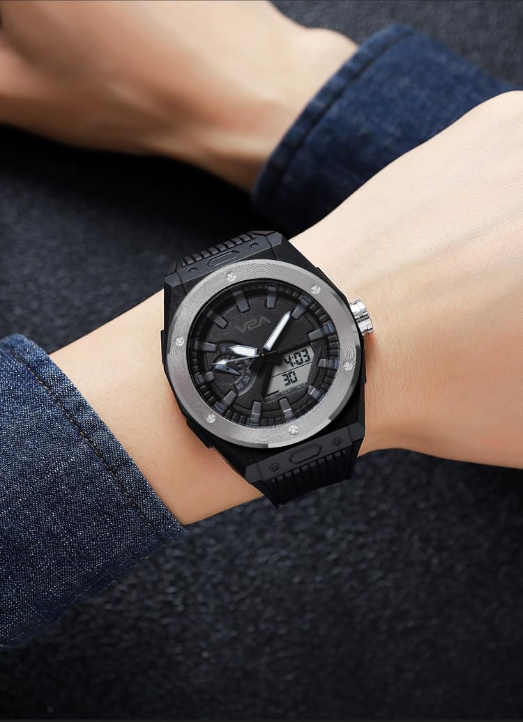 V2A Mens Watch Dual-Display Alloy Screw Bazel 50m Waterproof Watch Fashion Multifunctional Sports Watches for Men | Gift for Men (Black-Silver) - Image 2