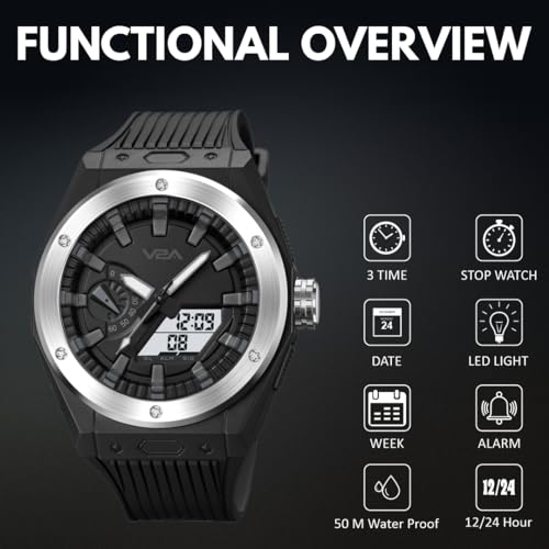 V2A Mens Watch Dual-Display Alloy Screw Bazel 50m Waterproof Watch Fashion Multifunctional Sports Watches for Men | Gift for Men (Black-Silver) - Image 3