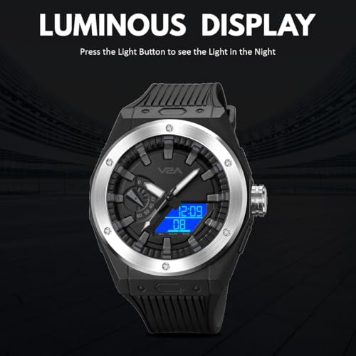 V2A Mens Watch Dual-Display Alloy Screw Bazel 50m Waterproof Watch Fashion Multifunctional Sports Watches for Men | Gift for Men (Black-Silver) - Image 5