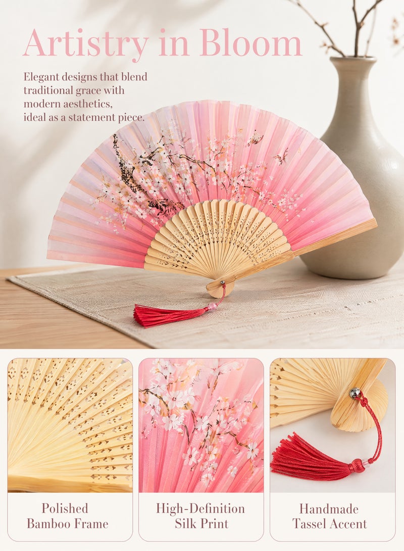 2 Pcs Folding Hand Fan for Women, Chinese/Japanese Vintage Retro Style Bamboo Wood Silk Folding Hand Fan Sleeve for Wedding, Dancing, Church, Party, Gifts, Blue & Pink - Image 2