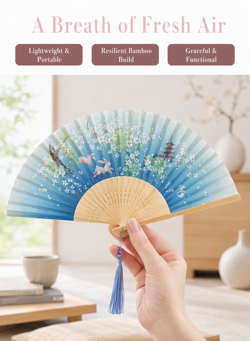 2 Pcs Folding Hand Fan for Women, Chinese/Japanese Vintage Retro Style Bamboo Wood Silk Folding Hand Fan Sleeve for Wedding, Dancing, Church, Party, Gifts, Blue & Pink - Image 3
