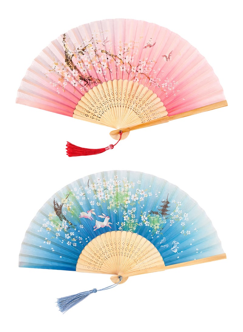 2 Pcs Folding Hand Fan for Women, Chinese/Japanese Vintage Retro Style Bamboo Wood Silk Folding Hand Fan Sleeve for Wedding, Dancing, Church, Party, Gifts, Blue & Pink - Image 1