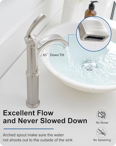 HEYMYTAP Bathroom Vessel Sink Faucet Brushed Nickel, Brass Tall Waterfall Bathroom Faucet 1 Hole Bathroom Sink Faucet Single Handle Bathroom Faucets with Water Lines Pop-Up Drain - Image 4