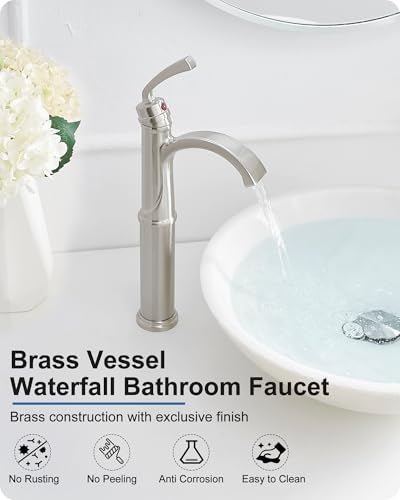 HEYMYTAP Bathroom Vessel Sink Faucet Brushed Nickel, Brass Tall Waterfall Bathroom Faucet 1 Hole Bathroom Sink Faucet Single Handle Bathroom Faucets with Water Lines Pop-Up Drain - Image 2