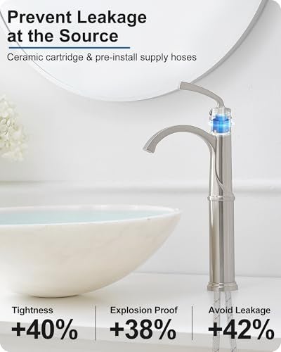 HEYMYTAP Bathroom Vessel Sink Faucet Brushed Nickel, Brass Tall Waterfall Bathroom Faucet 1 Hole Bathroom Sink Faucet Single Handle Bathroom Faucets with Water Lines Pop-Up Drain - Image 3