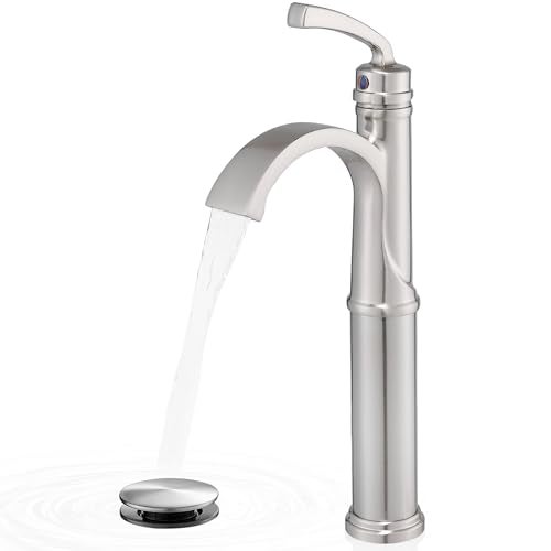 HEYMYTAP Bathroom Vessel Sink Faucet Brushed Nickel, Brass Tall Waterfall Bathroom Faucet 1 Hole Bathroom Sink Faucet Single Handle Bathroom Faucets with Water Lines Pop-Up Drain - Image 1