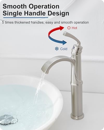 HEYMYTAP Bathroom Vessel Sink Faucet Brushed Nickel, Brass Tall Waterfall Bathroom Faucet 1 Hole Bathroom Sink Faucet Single Handle Bathroom Faucets with Water Lines Pop-Up Drain - Image 5