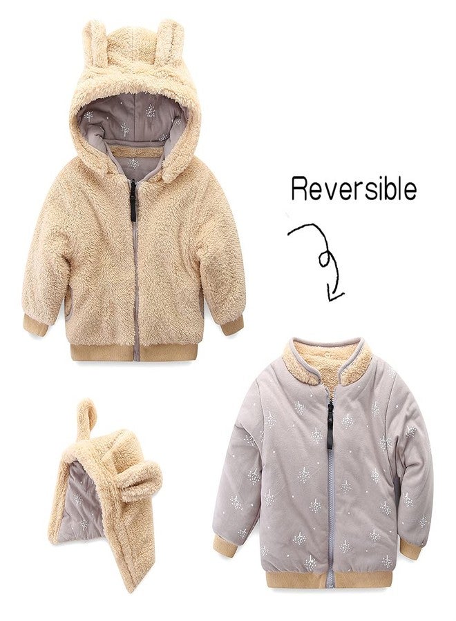 Mud Kingdom Baby Boys Fleece Jacket Reversible Cozy Sherpa Lined Full Zip Hoodie Thick Warm Outerwear Beige 12-18 Months - Image 3