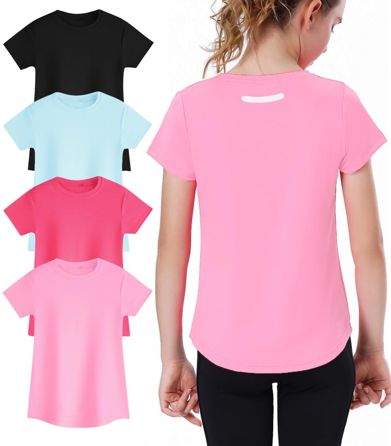 EXARUS 4 Pack Girls Athletic Shirts Quick Dry Short Sleeve Tshirts Crewneck Tee Workout Activewear Tops for Kids 816Y Set 1 8Y
