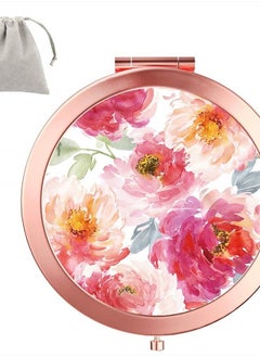 Dynippy Compact Mirror Round Rose Gold Makeup Mirror Folding Mini Pocket Mirror Portable Hand Mirror Double-Sided with 2 x 1x Magnification for Woman Mother Kids Great Gift (Watercolor Flower)  - Image 1