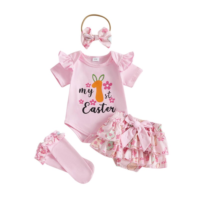 JLKGICF Baby Girl Easter Outfit Bunny Clothes Romper+Bloomers Tutu Skirt+Socks+Headband Set Newborn Baby Girl Clothes (Apricot, 0-3 Months) - Image 1