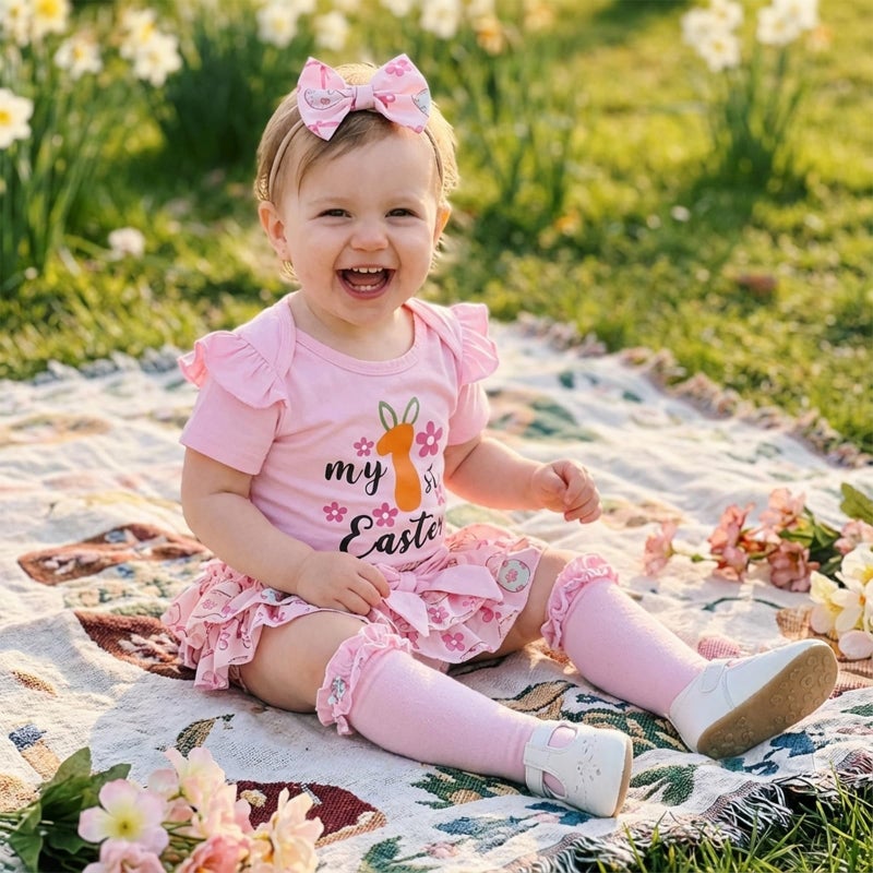 JLKGICF Baby Girl Easter Outfit Bunny Clothes Romper+Bloomers Tutu Skirt+Socks+Headband Set Newborn Baby Girl Clothes (Apricot, 0-3 Months) - Image 3