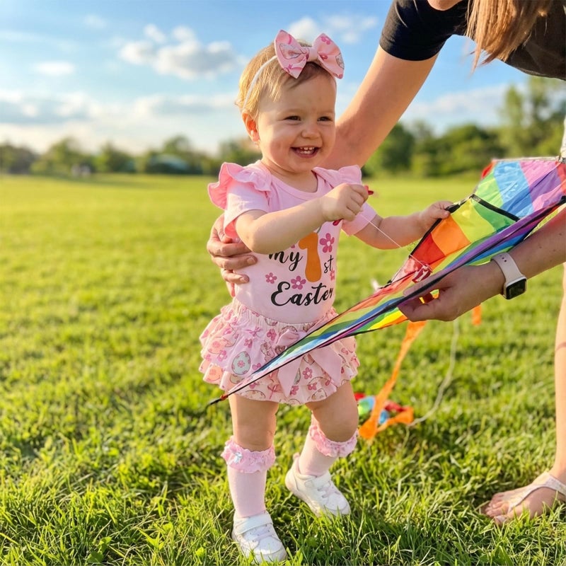 JLKGICF Baby Girl Easter Outfit Bunny Clothes Romper+Bloomers Tutu Skirt+Socks+Headband Set Newborn Baby Girl Clothes (Apricot, 0-3 Months) - Image 2