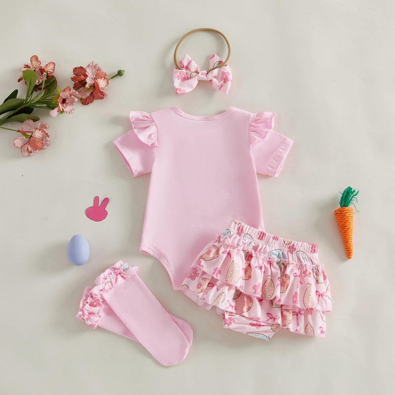 JLKGICF Baby Girl Easter Outfit Bunny Clothes Romper+Bloomers Tutu Skirt+Socks+Headband Set Newborn Baby Girl Clothes (Apricot, 0-3 Months) - Image 4