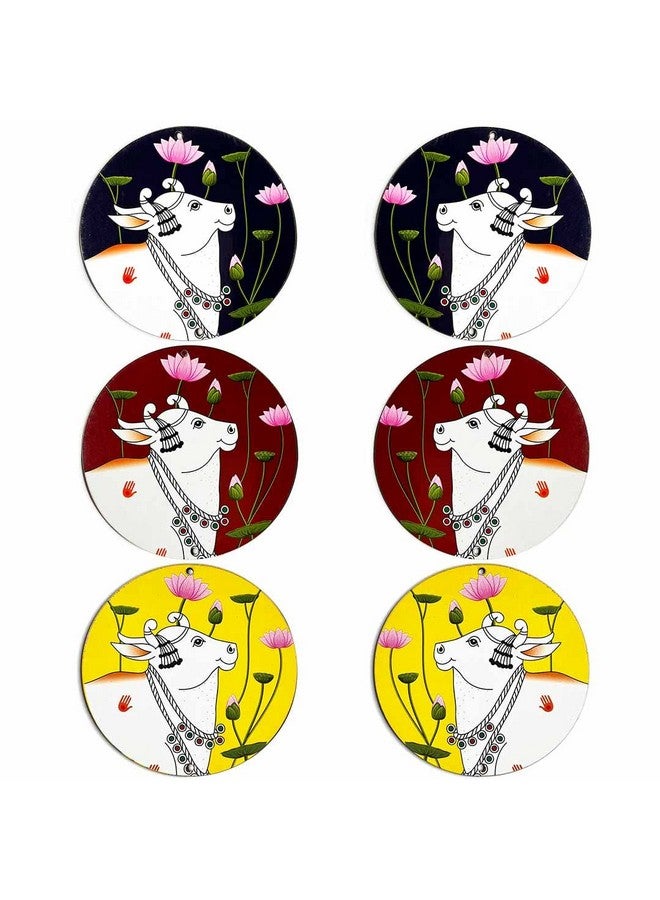 ADIKALA™ Multicolour Pichwai Cow MDF Right Left Face Base Round Shaped Cutout Design for Diwali | Dussehra | Rangoli | Pooja | Festival Gift | Wedding Decorations Set of 6 - Image 1