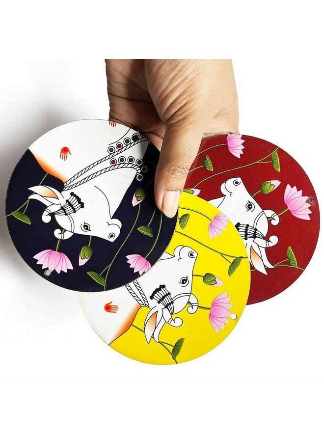 ADIKALA™ Multicolour Pichwai Cow MDF Right Left Face Base Round Shaped Cutout Design for Diwali | Dussehra | Rangoli | Pooja | Festival Gift | Wedding Decorations Set of 6 - Image 3