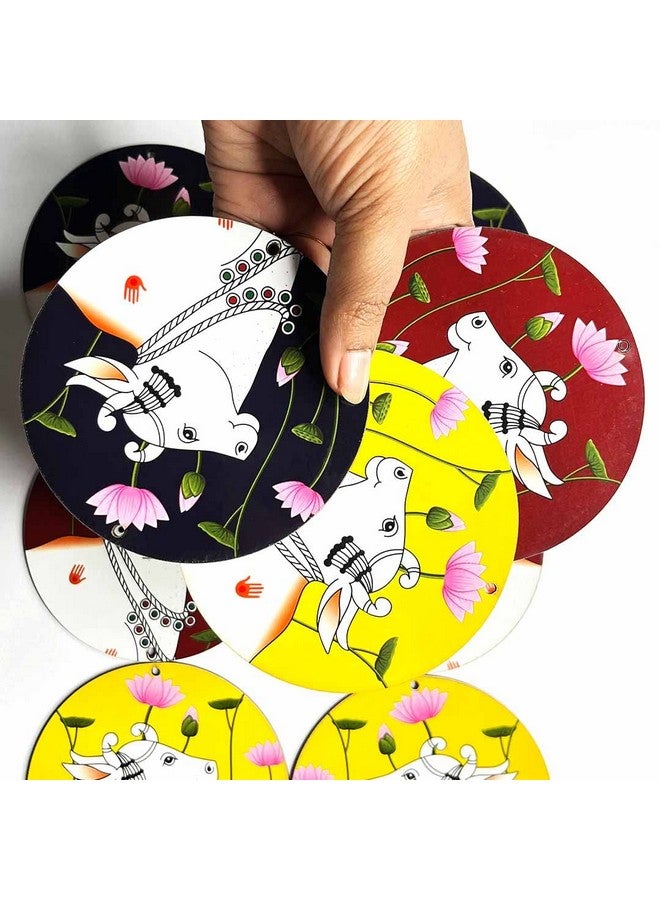 ADIKALA™ Multicolour Pichwai Cow MDF Right Left Face Base Round Shaped Cutout Design for Diwali | Dussehra | Rangoli | Pooja | Festival Gift | Wedding Decorations Set of 6 - Image 2