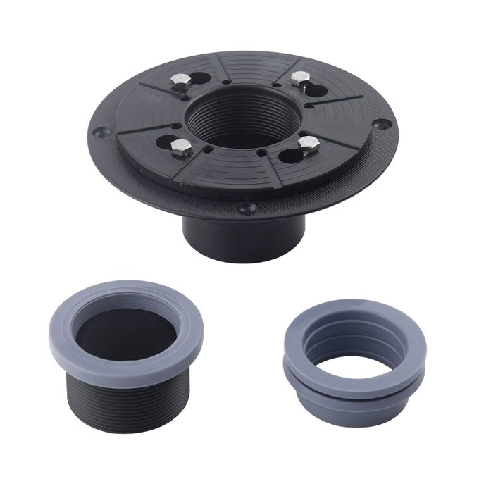 2 INCH SHOWER DRAIN BASE FLANGE KIT BASE THREADED ADJUSTABLE RING ADAPTER AND RUBBER COUPLING GASKET FOR INSTALLATION OF SQUARE LINEAR FLOOR DRAIN WITHOUT HUB PVC