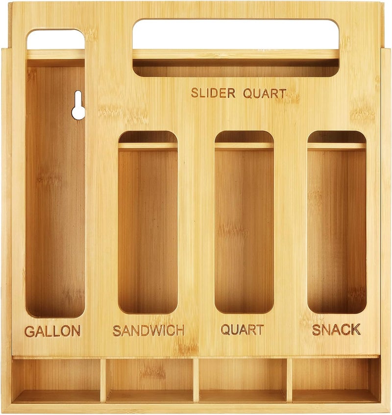 DUJEN Bamboo Ziplock Food Storage Bags Container Organizer with Slider, Kitchen Plastic Bags Storage Compatible with Gallon, Quart, Sandwich & Snack Variety Size Bags - Image 1