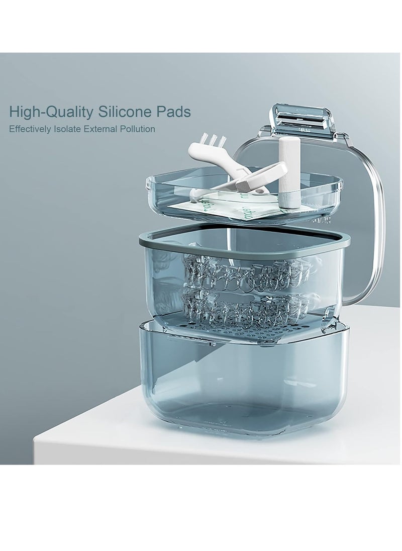 loevcc Retainer Case, Retainer Cleaner Case, Unique Denture Bath with Drain Tray, Suitable for Dentures, Denture Bridges, Partial Dentures, Traditional Braces, Etc. (Blue)  - Image 3