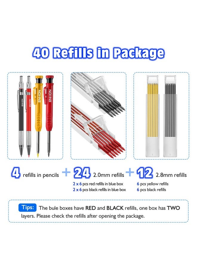 Enhon Mechanical Pencil Set With 4 Carpenter Pencils And 40 Construction Pencil Refill Woodworking Tools For Carpenters Long Head Deep Hole Marker With Built In Sharpener(Black Red Yellow) - Image 2