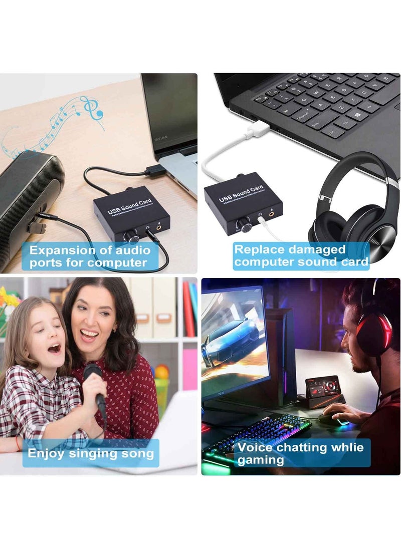 External USB Sound Card, Audio Adapter with Volume and Bass Adjustment, 3.5mm Mic Port, Compatible with Windows, Linux, MAC, iOS, Android, PS5, Laptops, Desktops